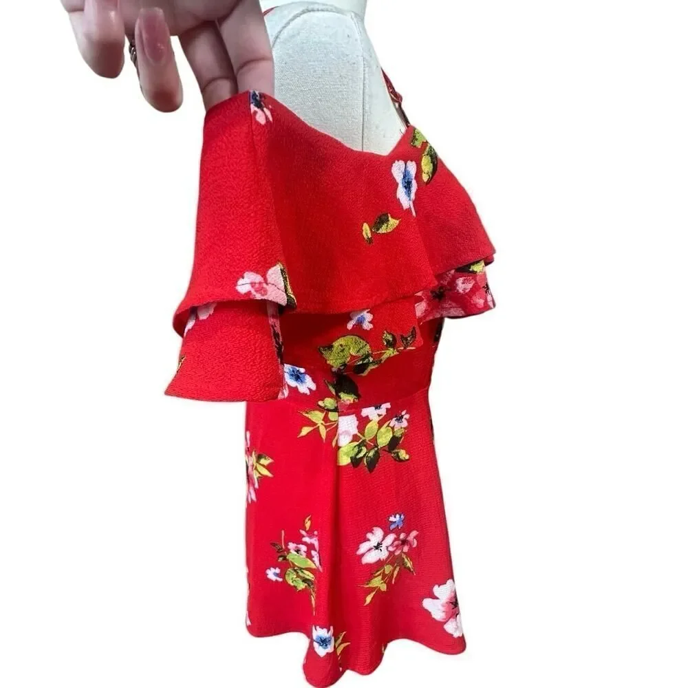 BOHO Summer Beach Tropical Red Floral Cold Shoulder Shorts Jumpsuit Size Medium